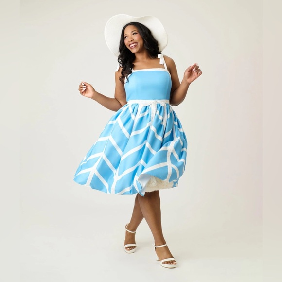 Unique Vintage Dresses & Skirts - IN SEARCH OF…Unique Vintage 1950s Blue & White Chevron Eyelet Swing Dress, XL
